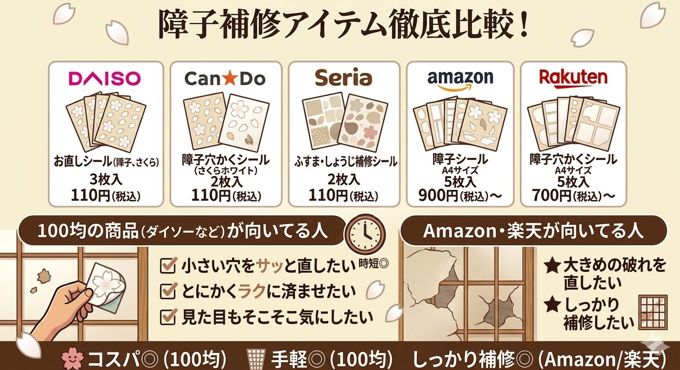 他の障子補修アイテムと比較イラスト