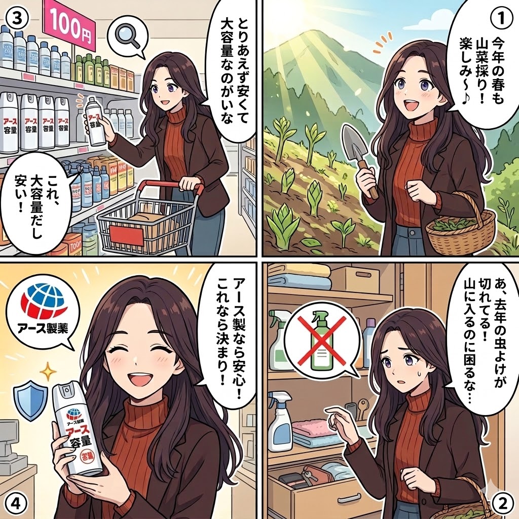 ダイソーで虫よけスプレーを探すイラスト