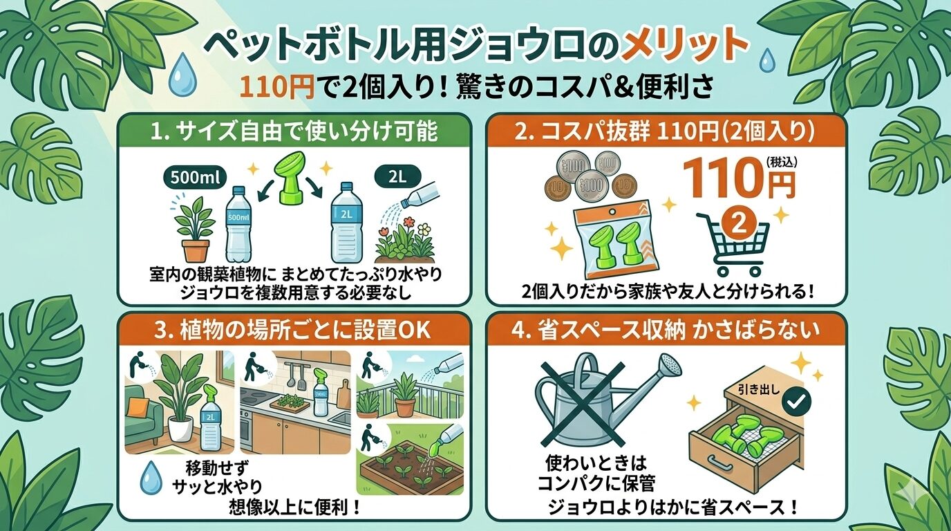 ダイソーのペットボトルジョウロのメリットまとめ