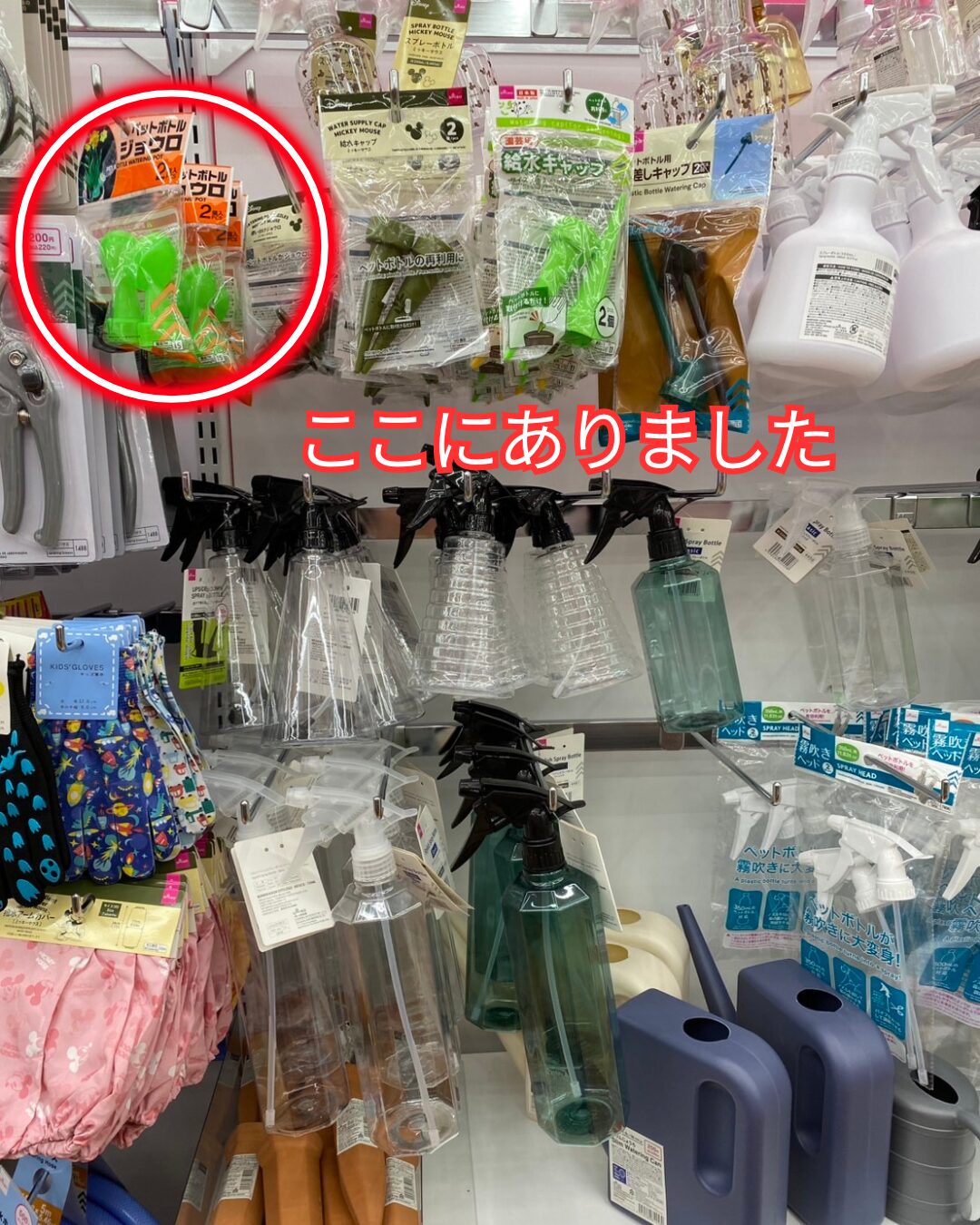 ダイソー店内の園芸コーナーに並ぶペットボトルジョウロ（霧吹き近くの売り場）