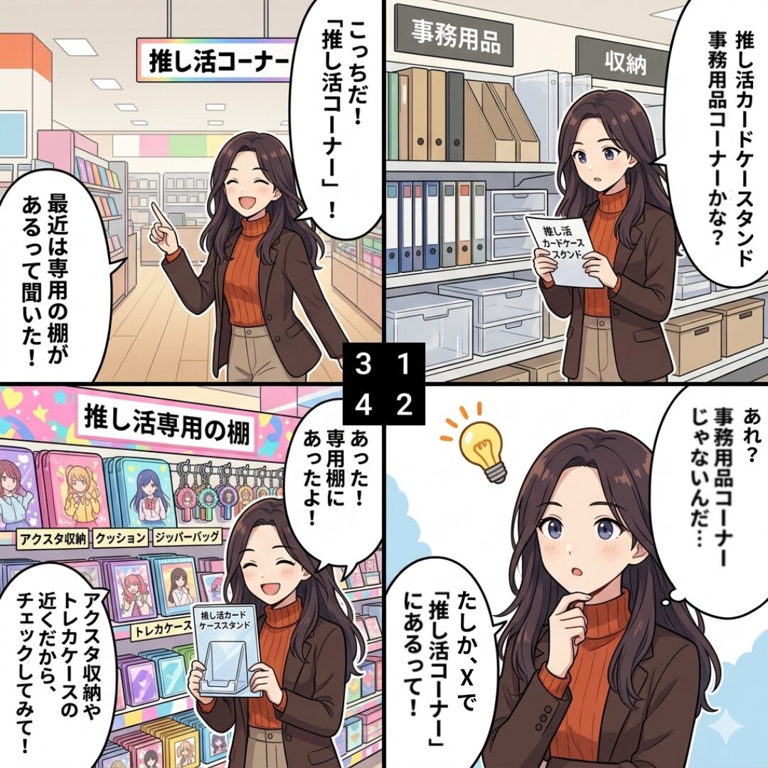 推し活コーナーで見つけるまでの流れを説明したイラスト