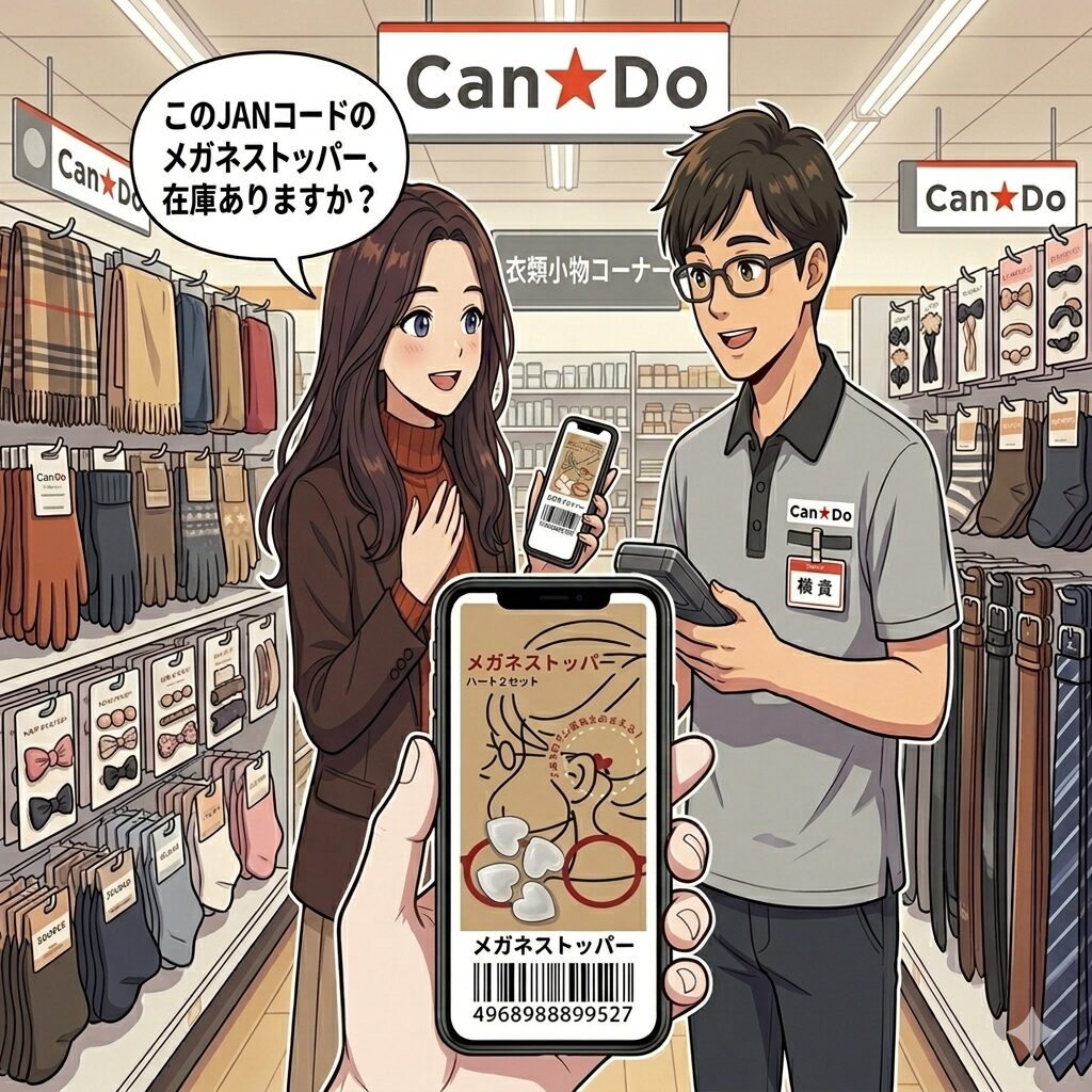 「100均店員さんにメガネストッパーの在庫を確認している女性のイラスト」