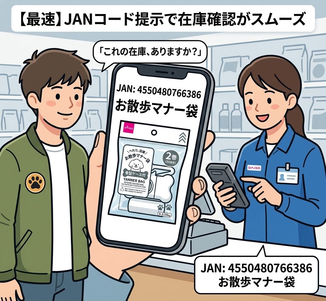 ダイソー店内で店員にお散歩マナー袋の売り場を尋ねる男性のイラスト