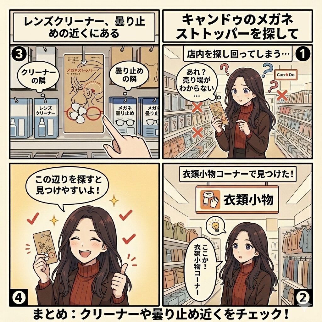 「キャンドゥ店内でメガネストッパーの売り場を探しているイラスト」