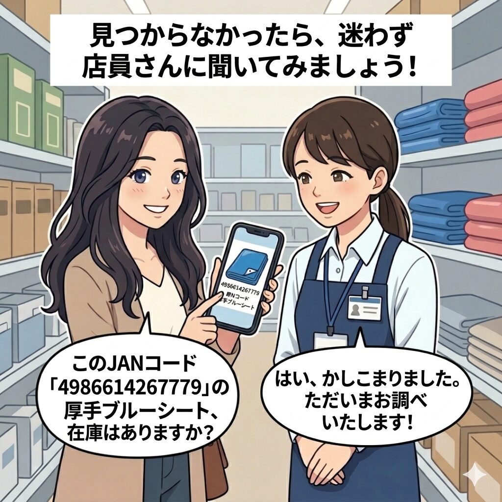 キャンドゥ店員にJANコードを見せて厚手ブルーシートの在庫確認をするイラスト