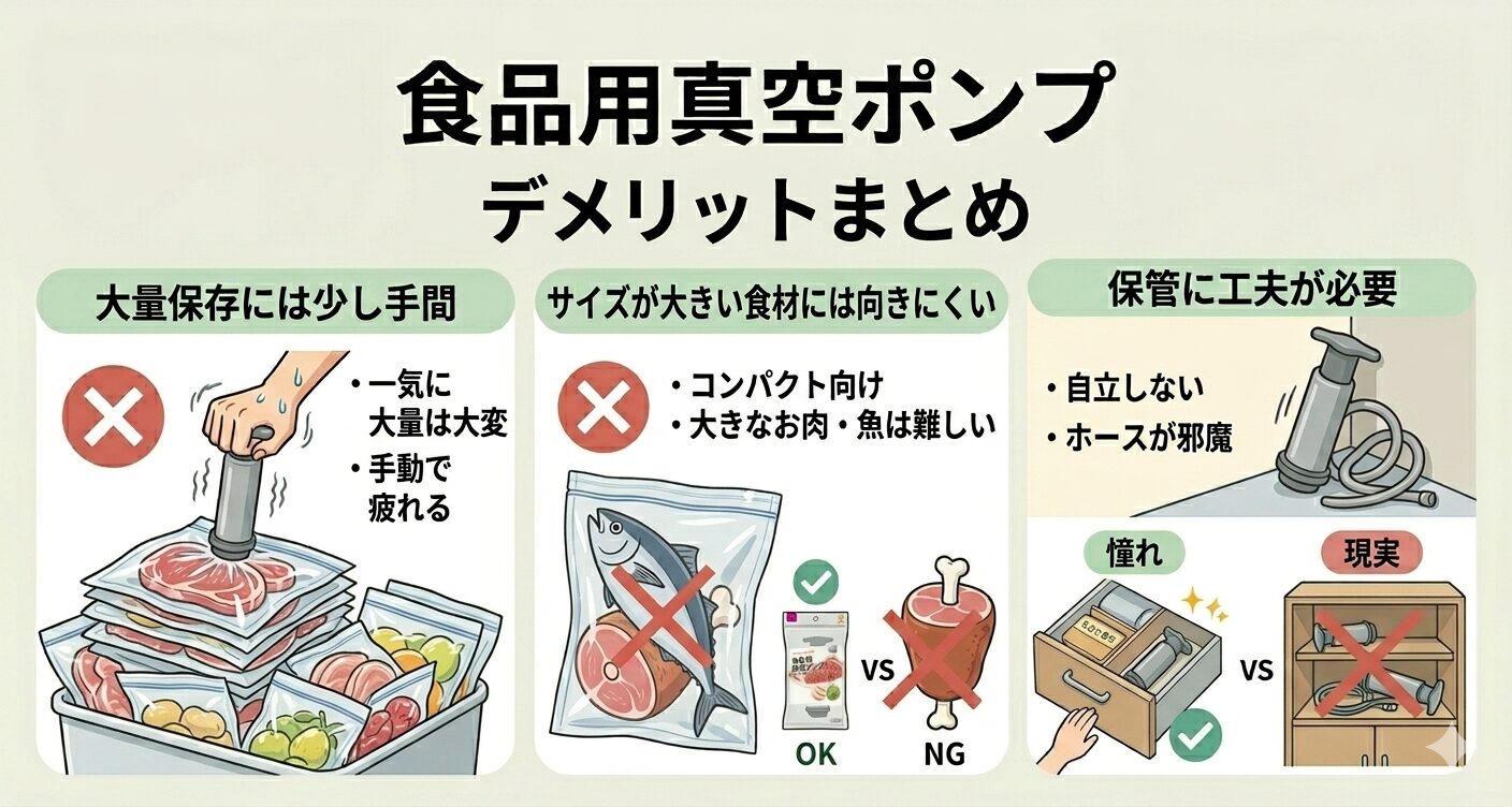 ダイソー食品用真空ポンプのデメリットをまとめたイラスト