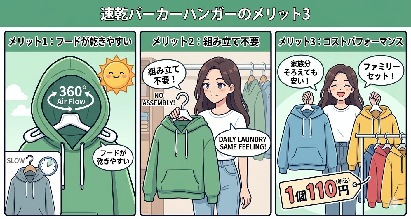 「速乾パーカーハンガーのメリットをまとめたイラスト」