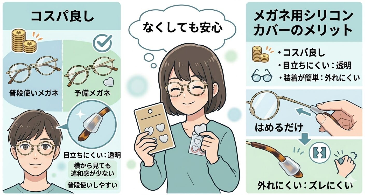 「メガネストッパーのメリットをまとめた解説イラスト」