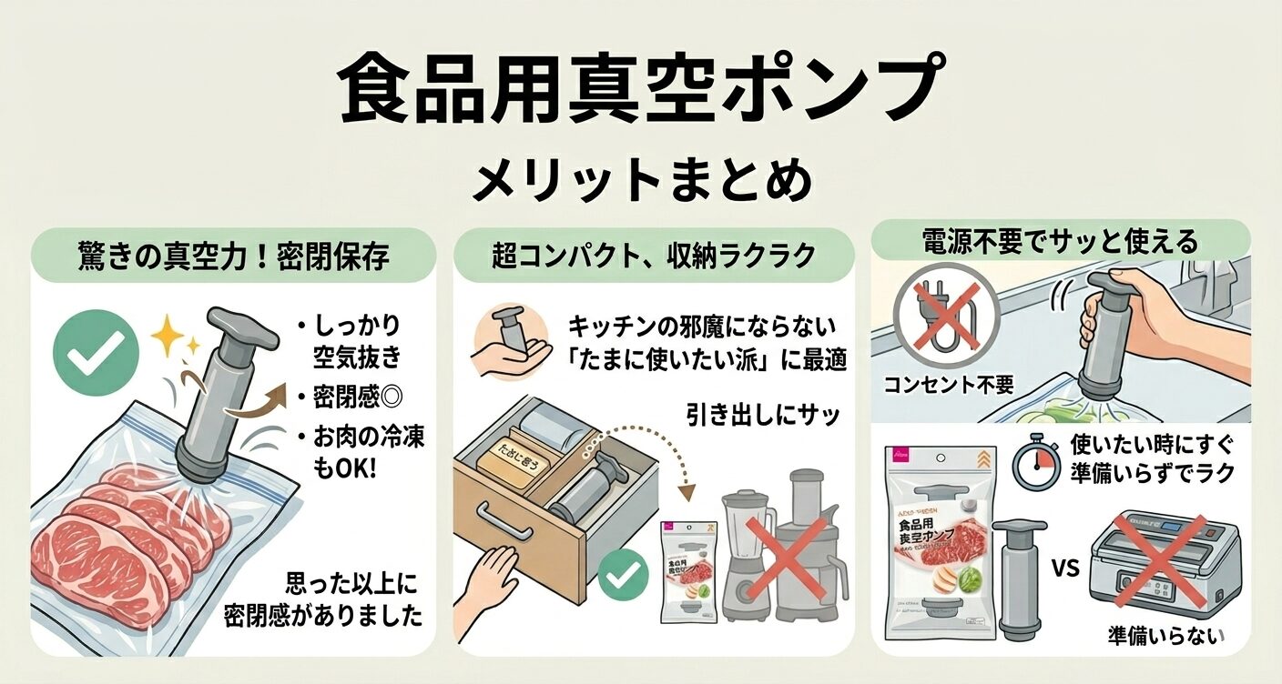 ダイソー食品用真空ポンプのメリットを紹介するイラスト