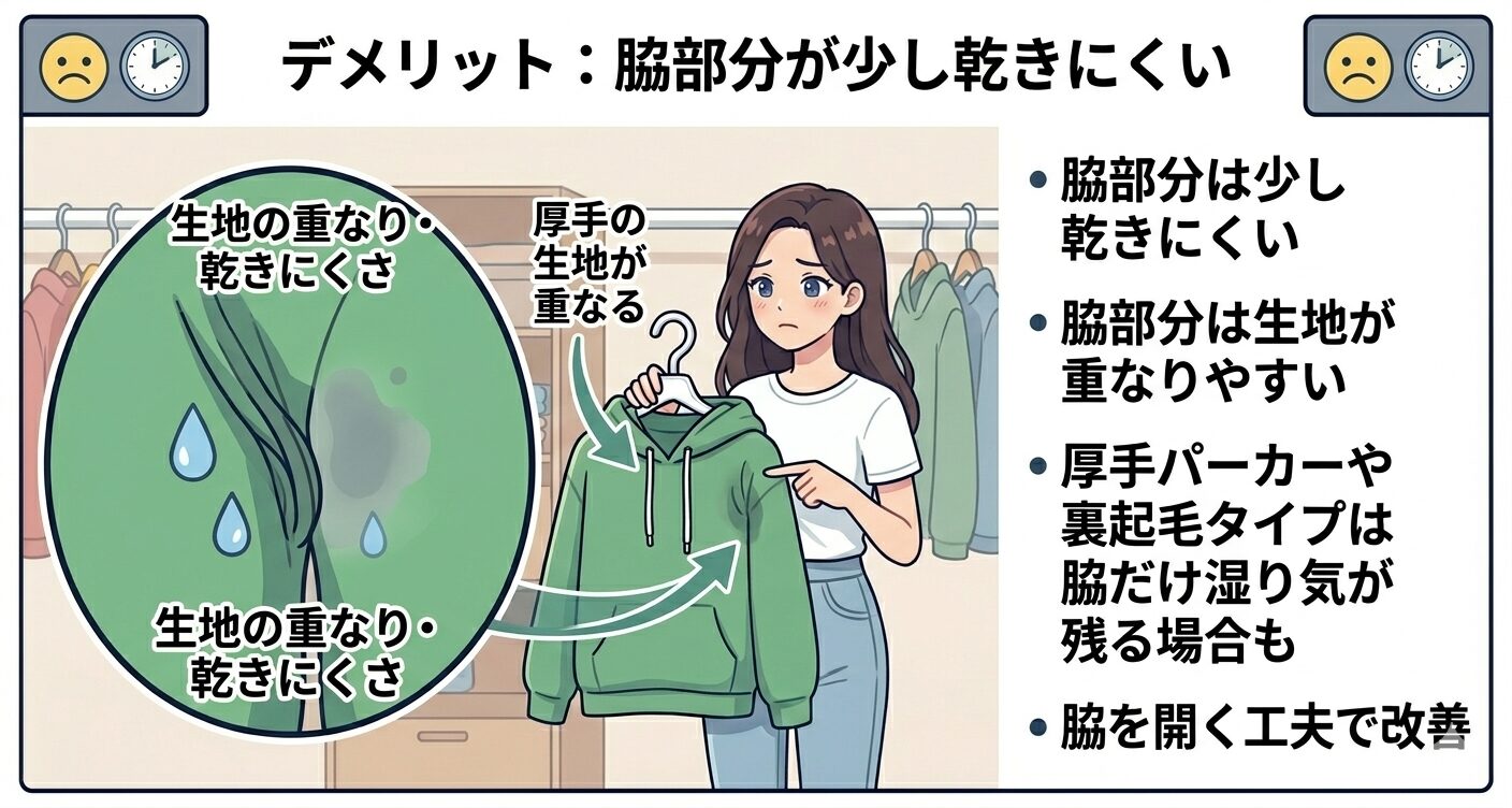 「速乾パーカーハンガーのデメリットをまとめたイラスト」