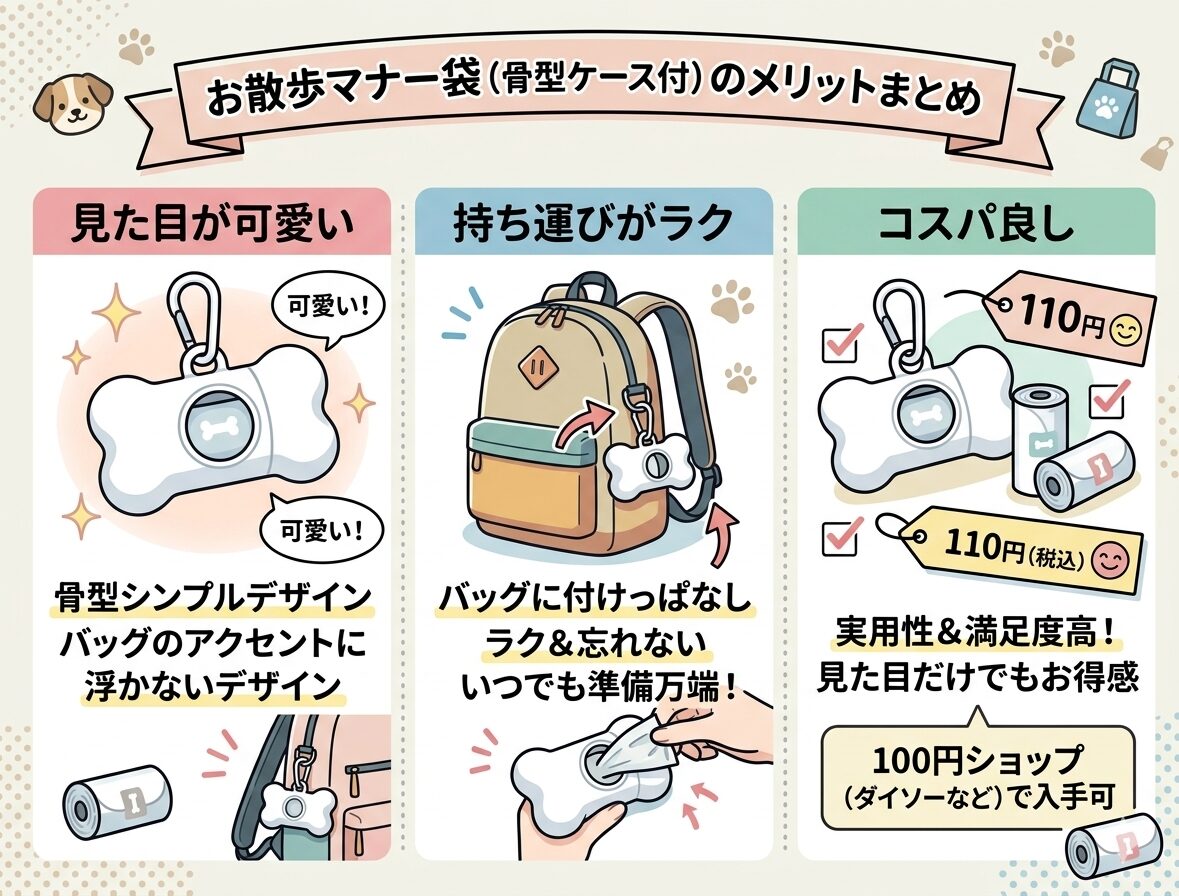 お散歩マナー袋（骨型ケース付）のメリットをまとめたイラスト。