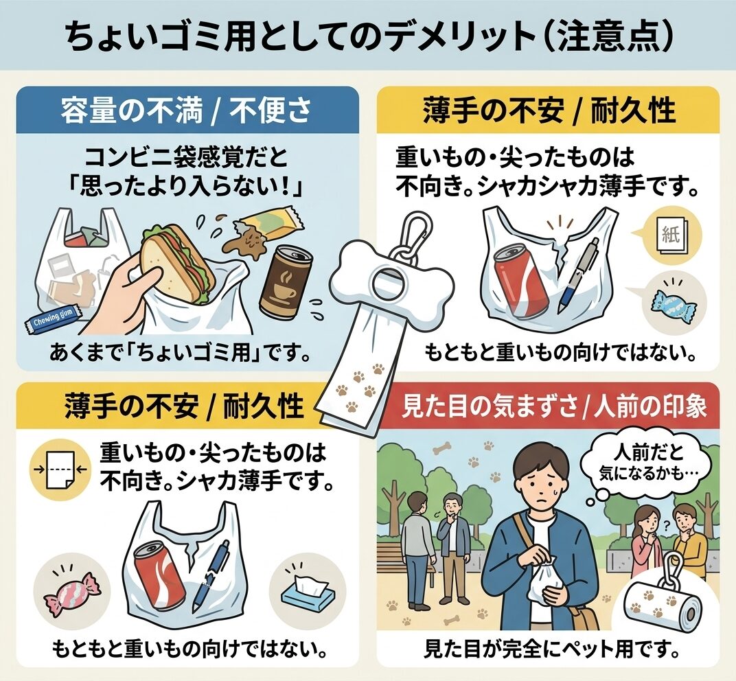 お散歩マナー袋（骨型ケース付）のデメリットをまとめたイラスト。