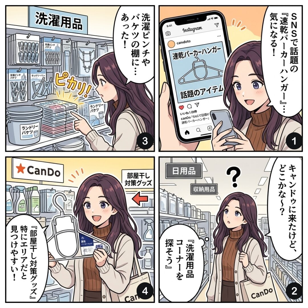 「キャンドゥ店内で速乾パーカーハンガーを探しているのイラスト」