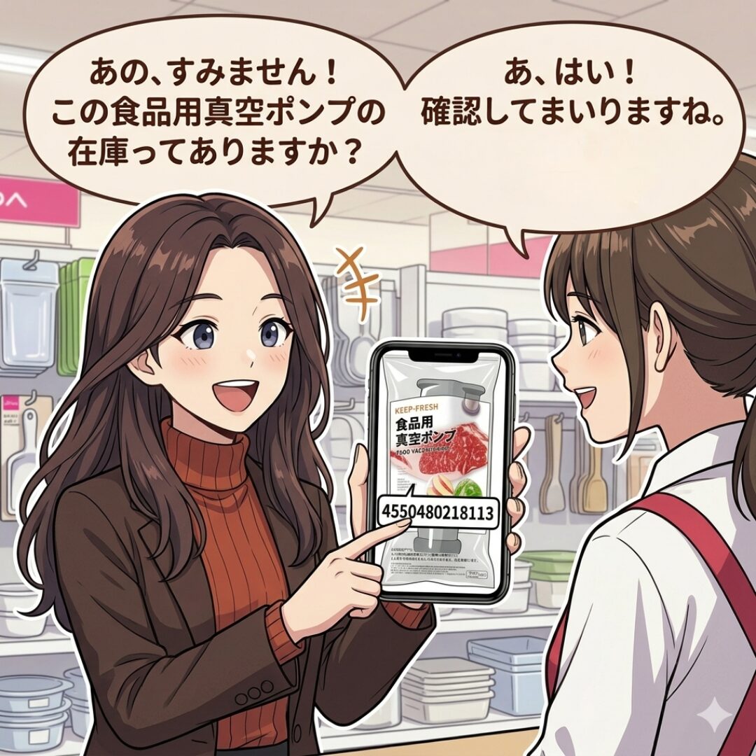 ダイソー店員さんに食品用真空ポンプの在庫を確認しているイラスト