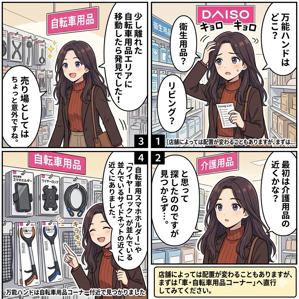 "ダイソー店内で万能ハンドを探しているイラスト"