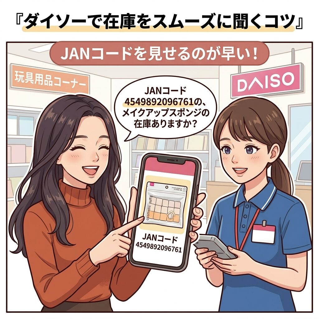 ダイソー店員にJANコードを見せて在庫確認しているイラスト