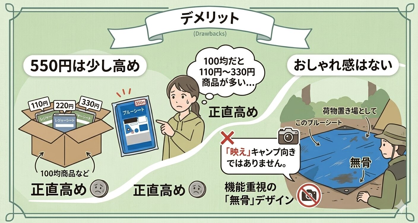 キャンドゥ厚手ブルーシートのデメリットを説明するイラスト
