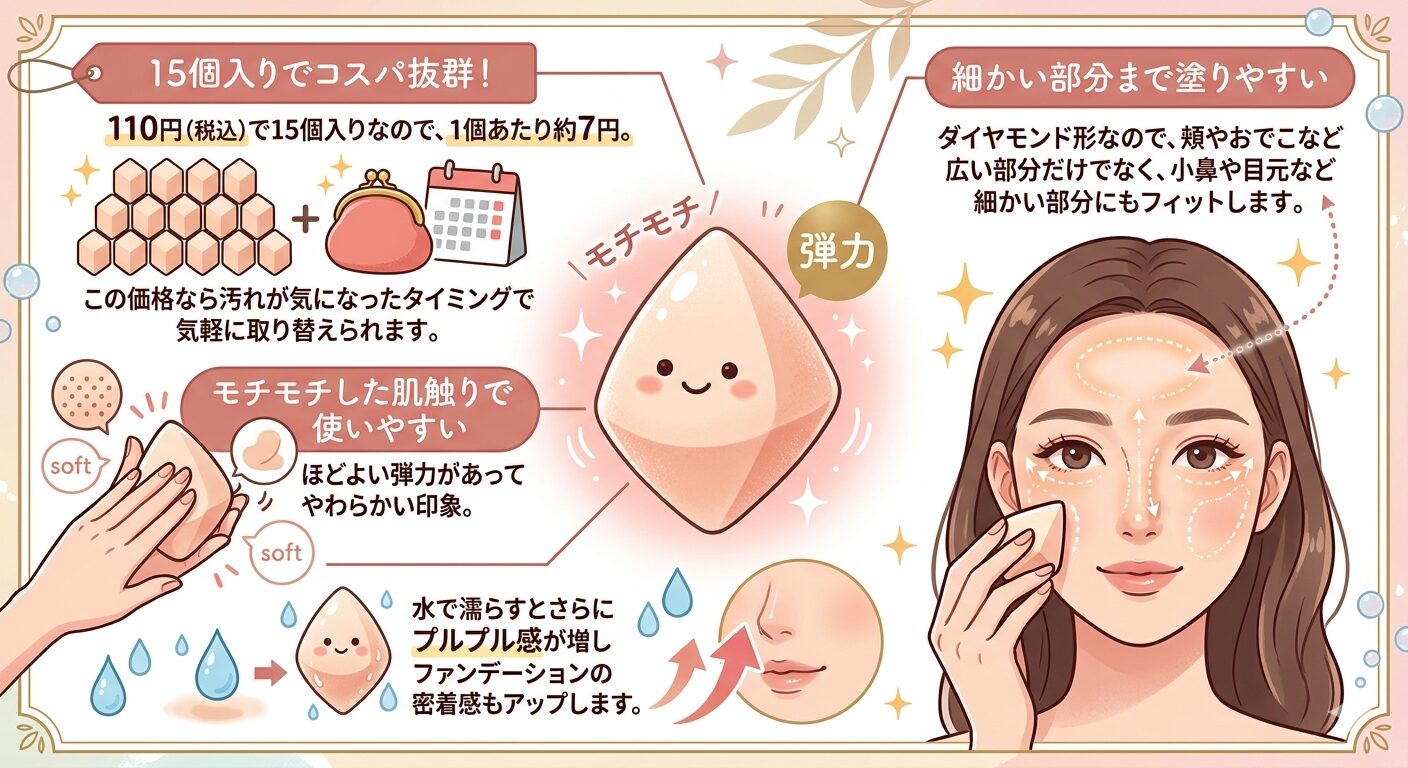 ダイソーのメイクアップスポンジ（15個、ダイヤモンド形）のメリットをまとめたイラスト