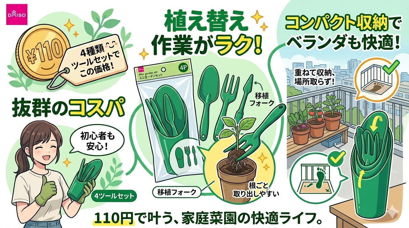 ダイソーのミニガーデンセット4Pのメリットをまとめたイラスト