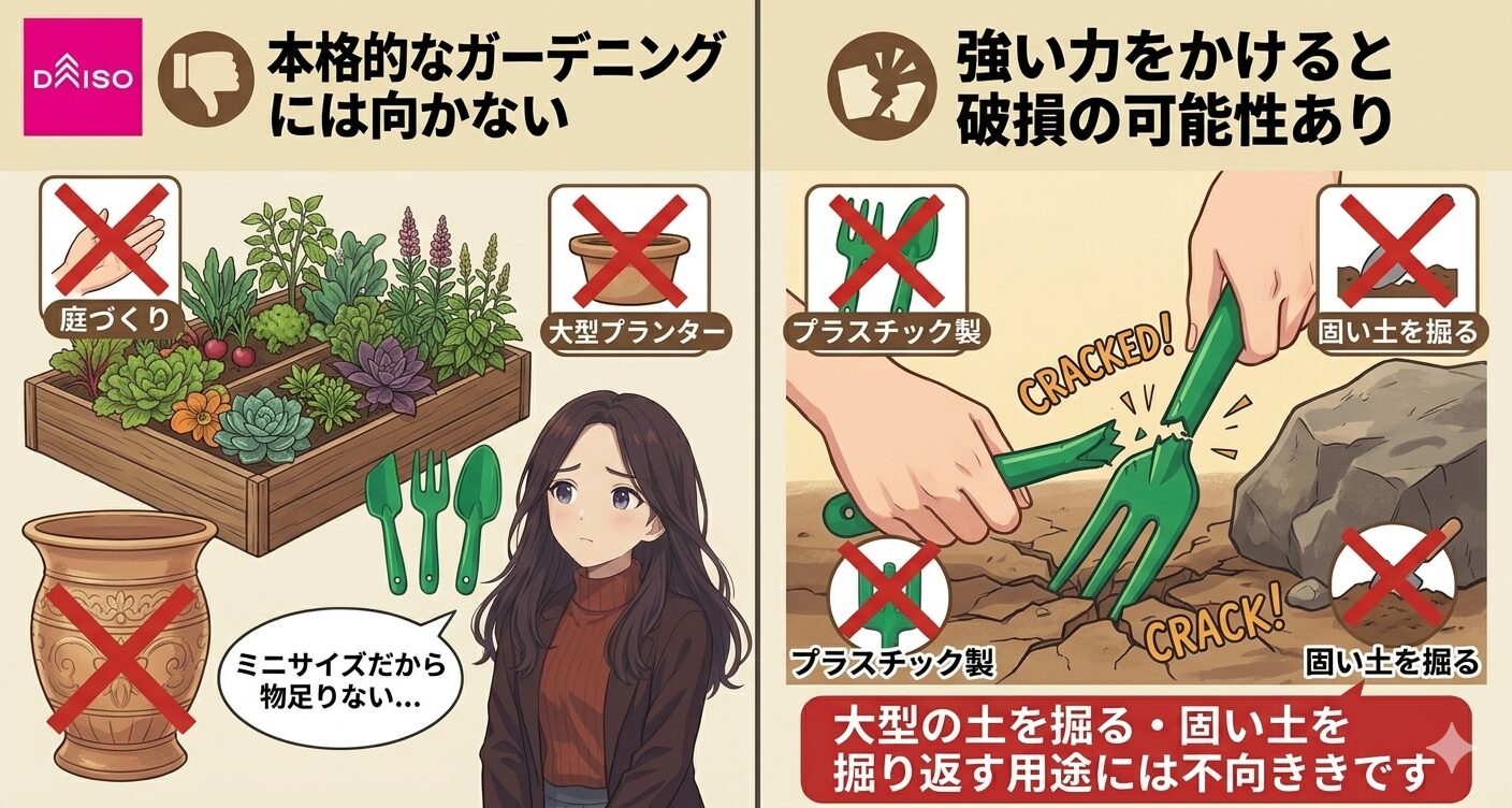 ダイソーのミニガーデンセット4Pのデメリットを解説するイラスト
