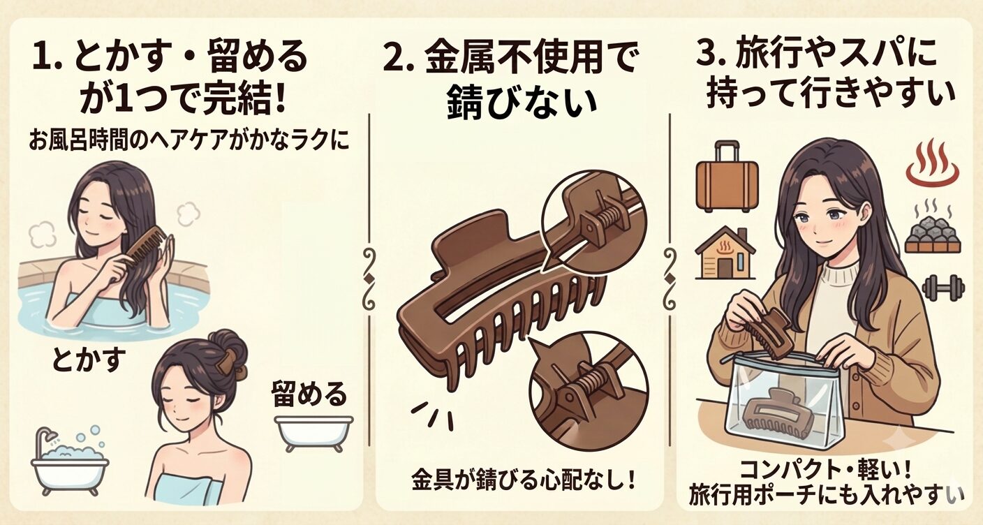 "トリートメントコームつきヘアクリップのメリットを説明しているイラスト"