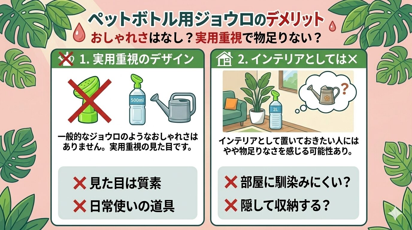 ペットボトルジョウロのデメリットを説明しているイラスト"