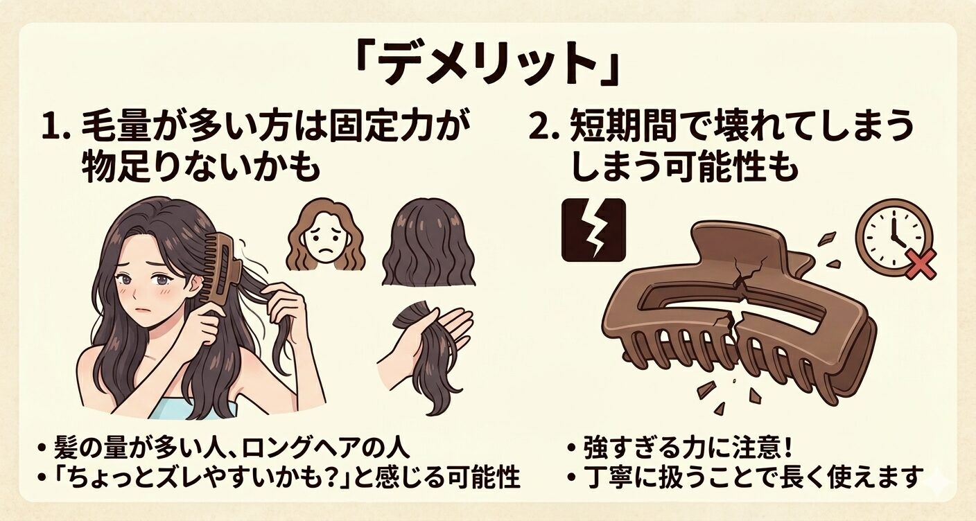 トリートメントコーム付ヘアクリップのデメリットを説明しているイラスト" 
