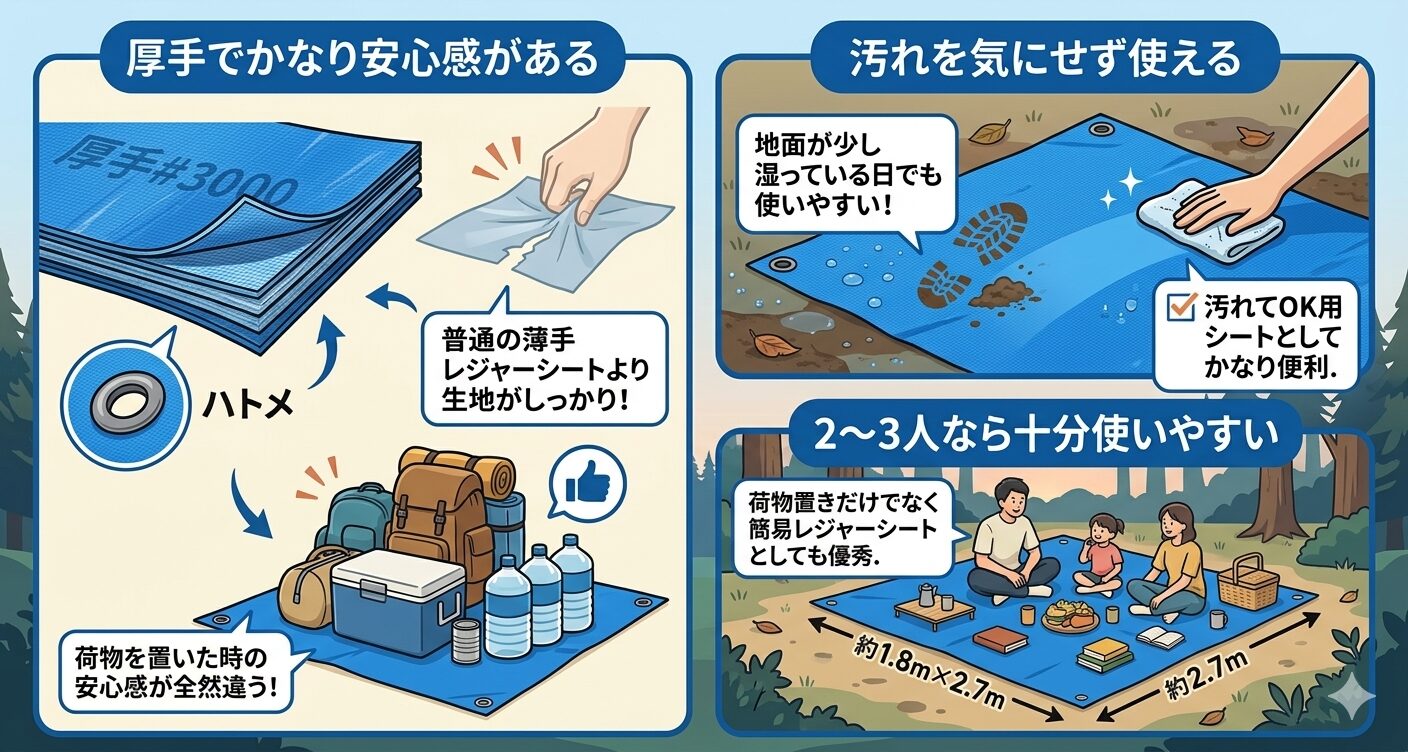 キャンドゥ厚手ブルーシートのメリットを説明するイラスト