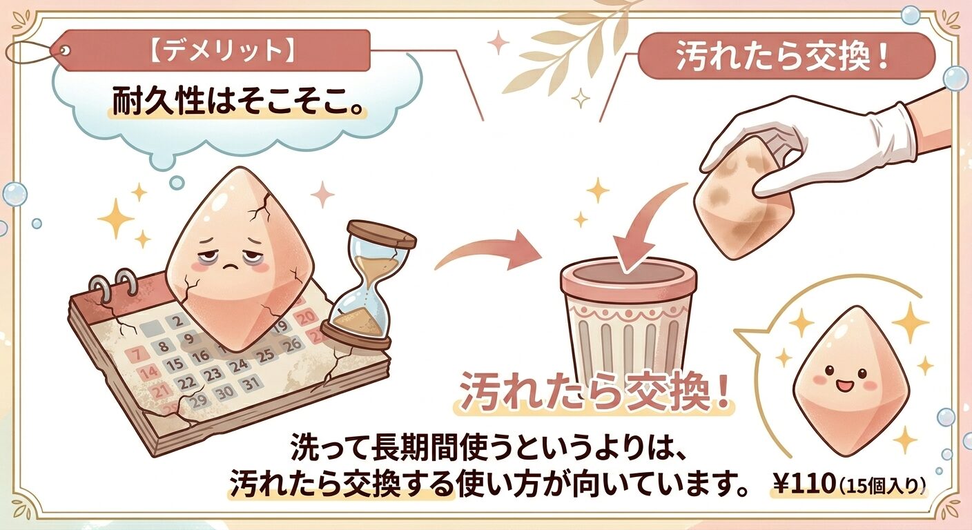 イソーのメイクアップスポンジ（15個、ダイヤモンド形）のデメリットをまとめたイラスト