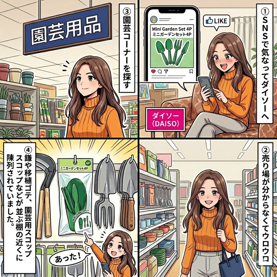 ダイソー店内でミニガーデンセット4Pの売り場を探しているイラスト