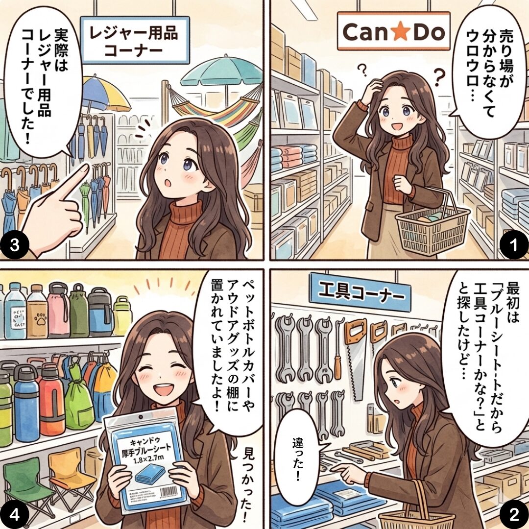 厚手ブルーシートが見つからず売り場を探しているイラスト