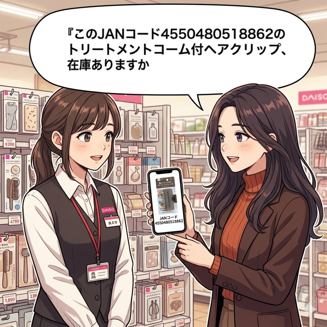 "ダイソー店員さんにトリートメントコームつきヘアクリップの場所を聞いている女性のイラスト"